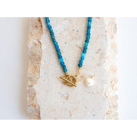 Blue Apatite Gemstone Necklace Gold Toggle Clasp Removable Baroque Pearl - Picture 11 of 12